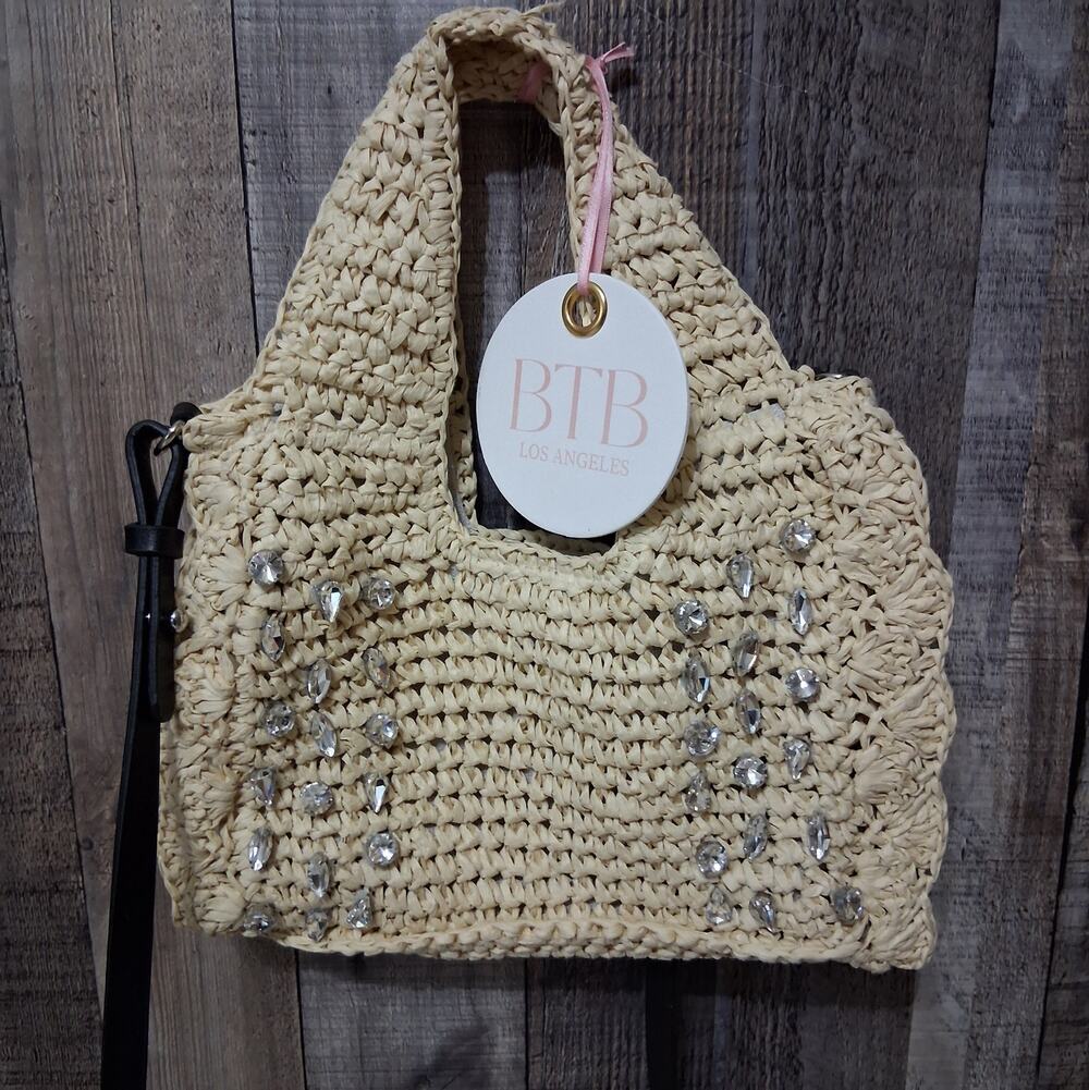 BTB Los Angeles Bardo Crystal Mini Straw Tote Bag Natural